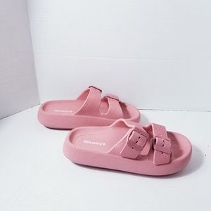 WEWEYA PINK PILLOW SLIDES WITH DOUBLE BUCKLE ADJUSTABLE STRAPS SIZE 5.5-6.5